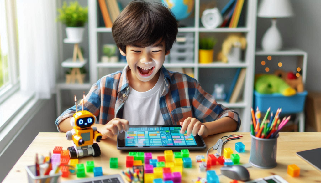 kid interacting with a coding robot