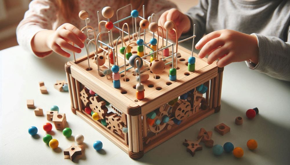 Wooden activity cubes are designed with different activities on each side, offering a range of play options in one compact toy. 