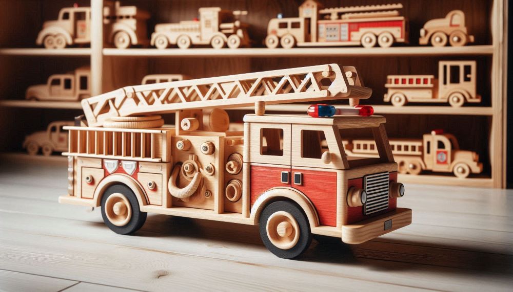 Wooden fire trucks are designed to resemble real-life fire engines, complete with ladders, hoses, and other firefighting equipment.