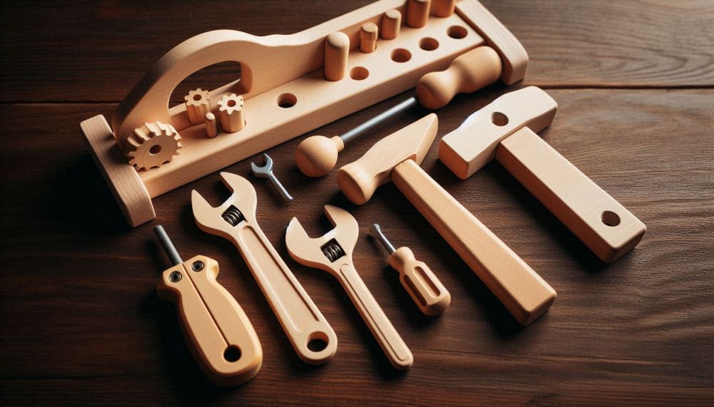  Wooden tool sets typically include a variety of tools such as hammers, screwdrivers, wrenches, and more.