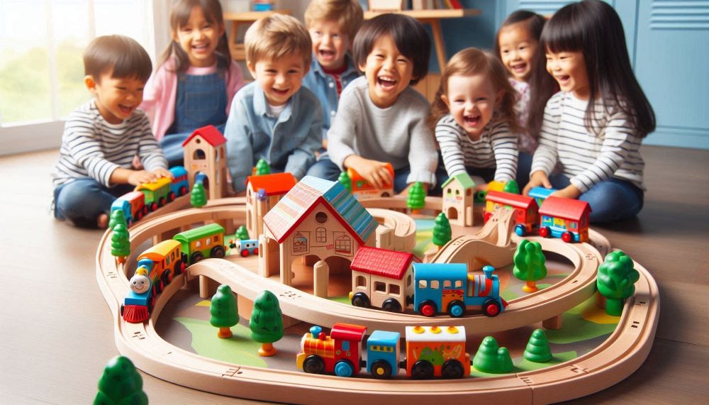 Wooden train sets consist of wooden tracks and trains that can be creatively assembled in numerous and diverse configurations.