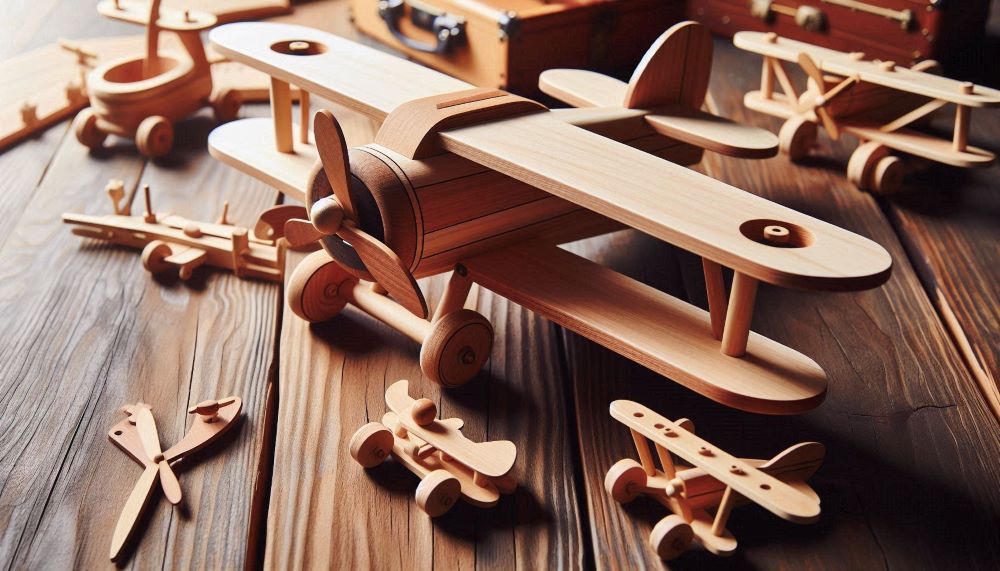 Wooden airplanes are designed to resemble real-life aircraft, often featuring movable parts such as propellers, wings, and landing gear.