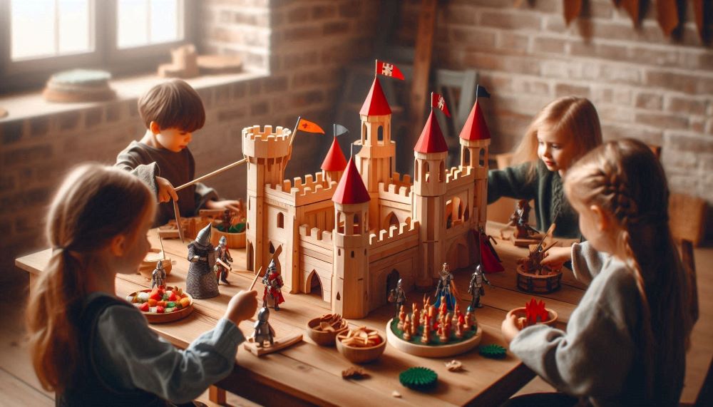 Wooden castles are intricately crafted structures made from high-quality wood. These castles often feature towers, drawbridges, walls, and various medieval-themed details such as flags, battlements, and gates. 