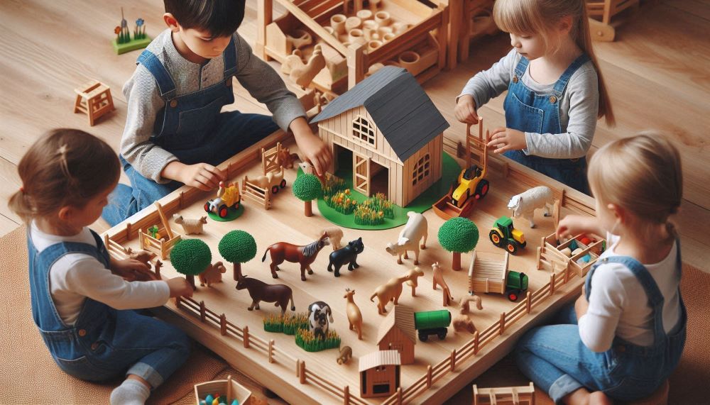 Wooden farm sets typically include a variety of pieces such as barns, animals, and farm equipment.