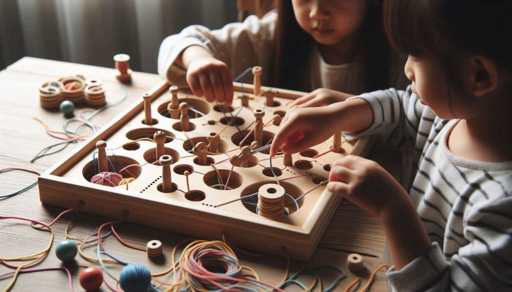  Wooden lacing toys typically consist of wooden shapes with holes for threading laces through