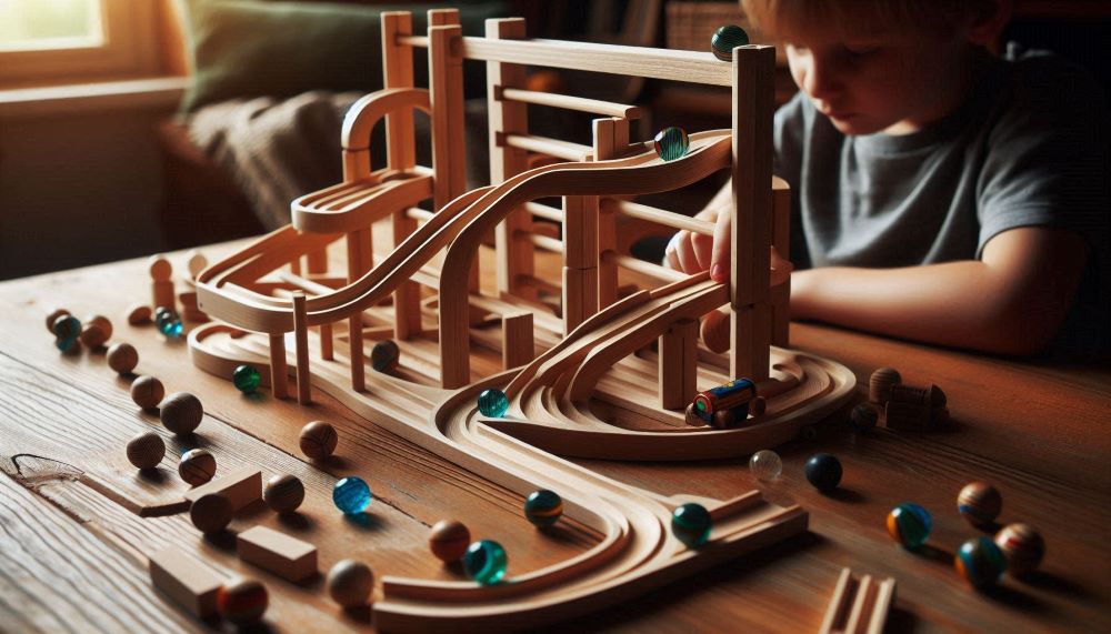 Wooden marble runs consist of various tracks and pieces that can be assembled to create custom marble runs.