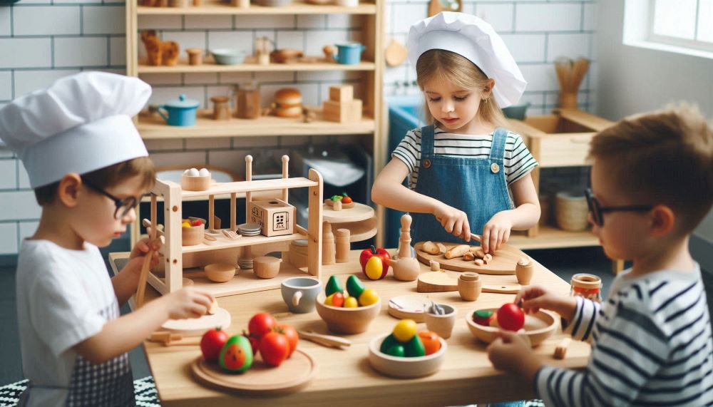 Wooden play food consists of pieces shaped like various foods, crafted from high-quality wood. These pieces are often painted with vibrant, non-toxic colors to resemble real fruits, vegetables, baked goods, and other food items. 