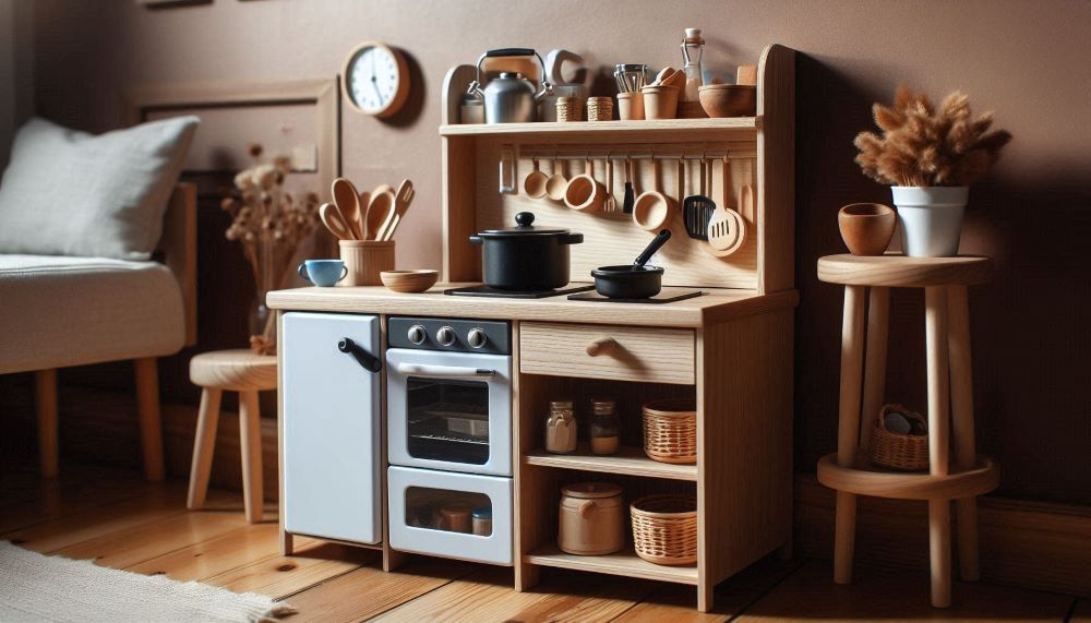 Wooden play kitchens are fantastic tools for encouraging role-playing and social interaction among children.