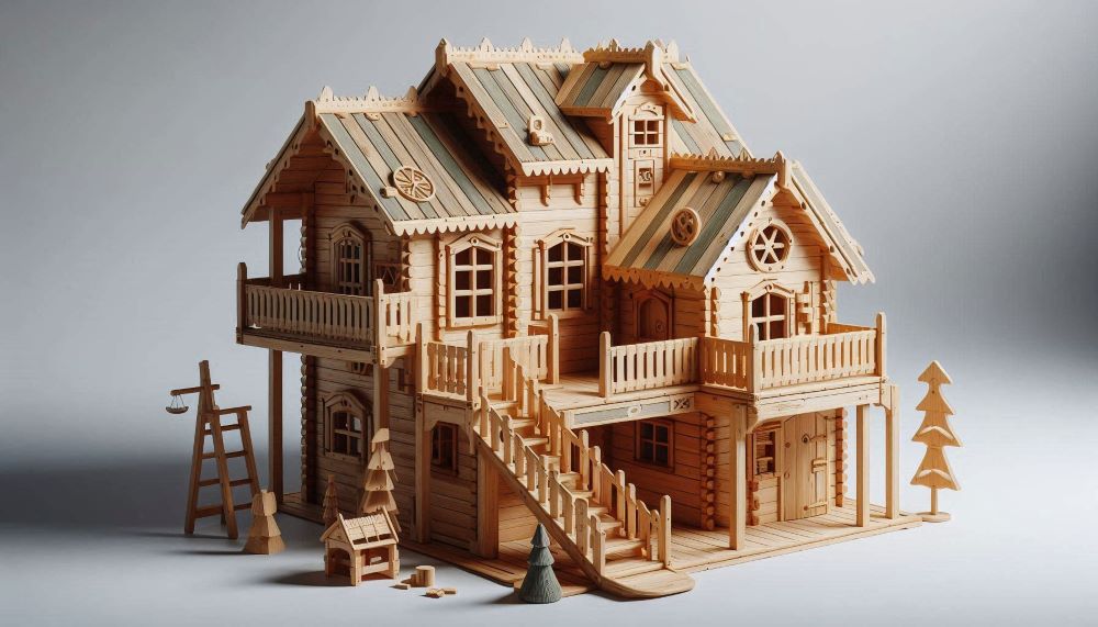 Wooden playhouses are designed to resemble real houses, often featuring detailed architectural elements and functional components. 