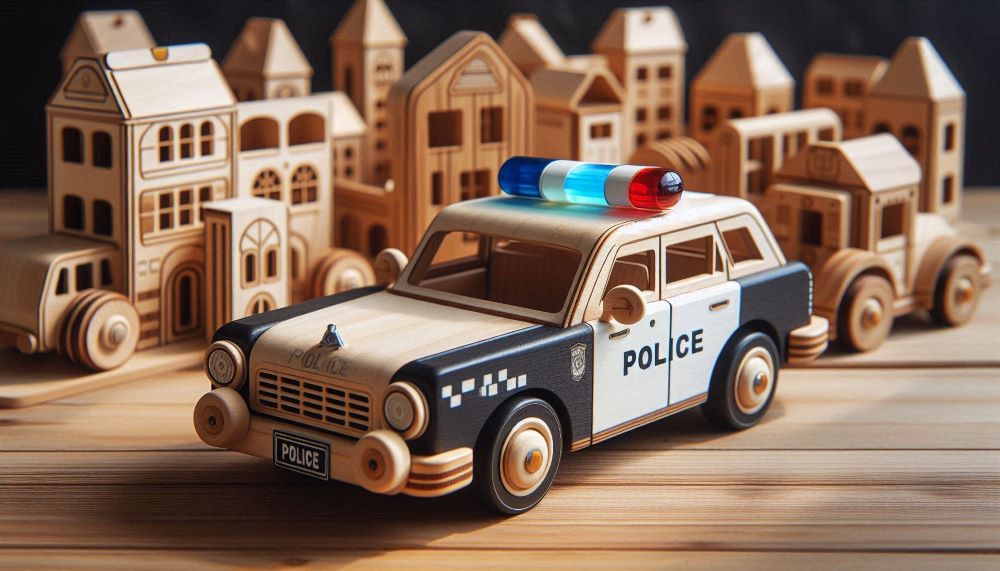 Wooden police cars are designed to resemble real-life police vehicles, often featuring sirens, lights, and other law enforcement details.