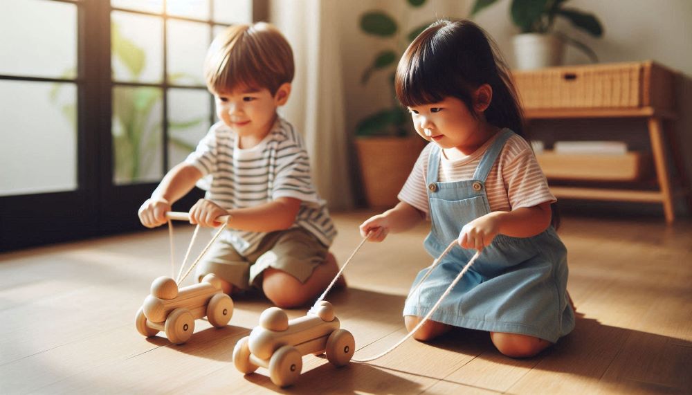 Playing with wooden pull toys involves pulling the toy along the floor using the attached string. 