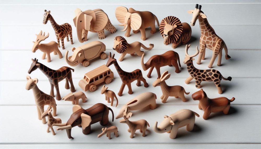 Wooden safari animals come in various shapes and sizes, each designed to resemble different species found in the wild.