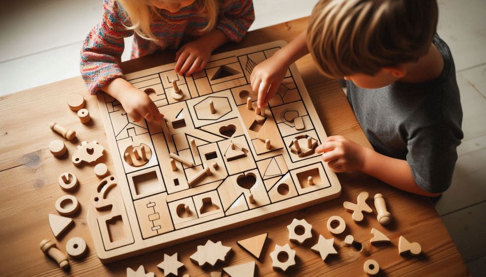 Wooden shape matching boards consist of boards with cut-out shapes and corresponding matching pieces.