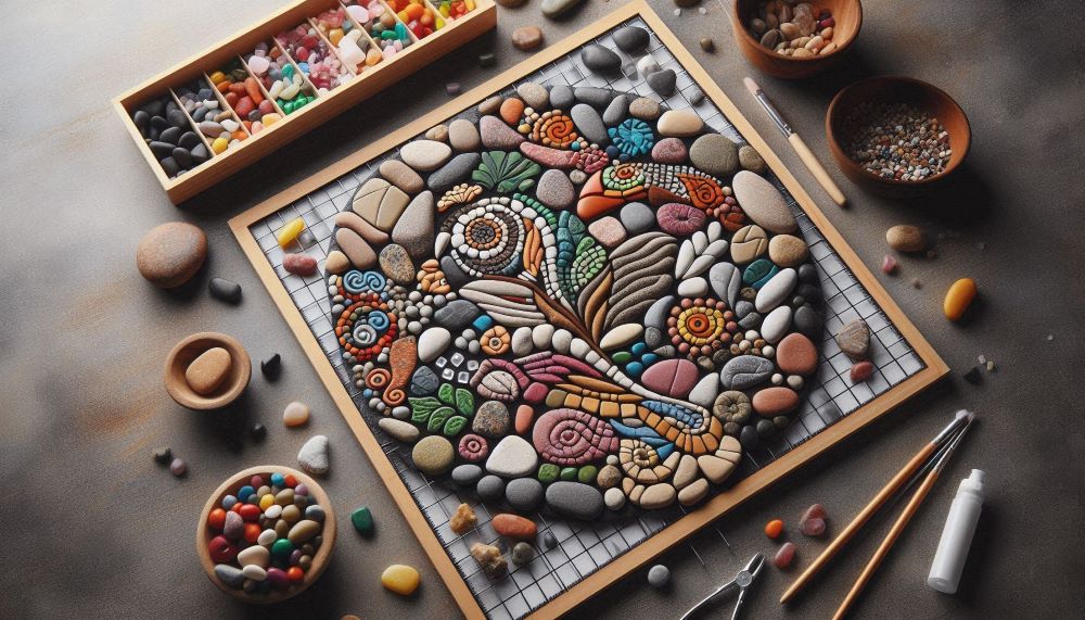 rock mosaic kit typically includes a selection of small, colorful rocks and a base on which to create your design. The rocks are chosen for their vibrant colors and interesting textures, providing a rich palette for your mosaic. 