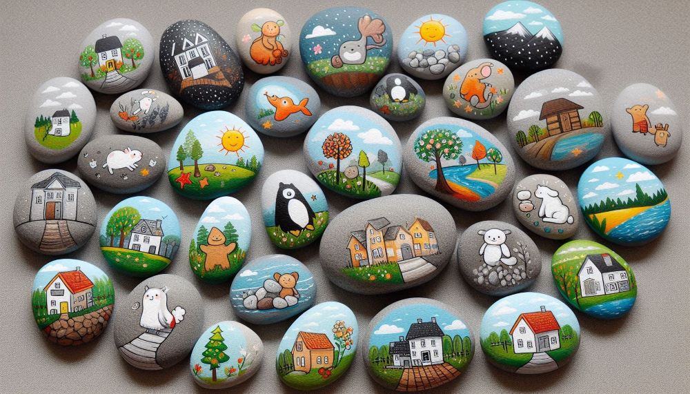 Rock story stones are small, smooth rocks that have been painted with images. Each image represents a different character, object, or scene that can be used to build a story. 