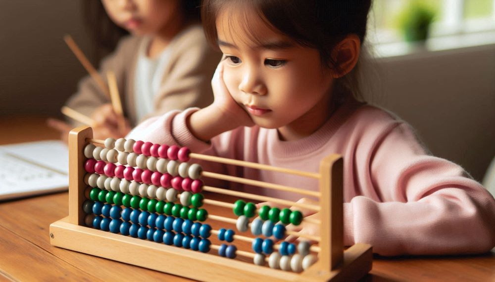 A wooden abacus consists of a frame with rows of beads that slide back and forth.