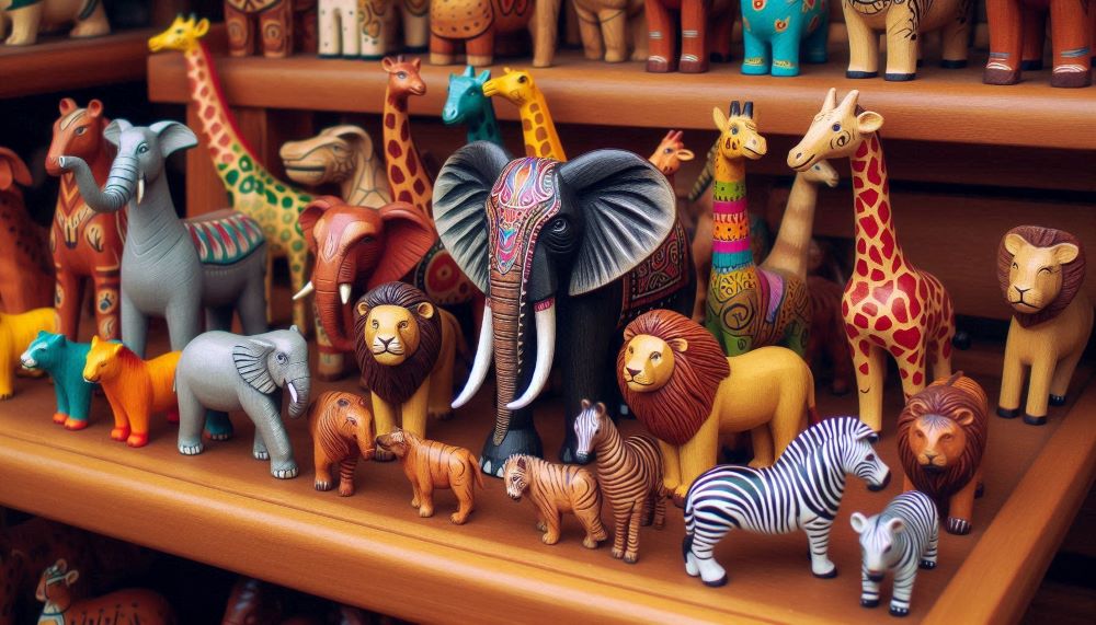 Wooden animal figures are intricately carved representations of a diverse array of animals.