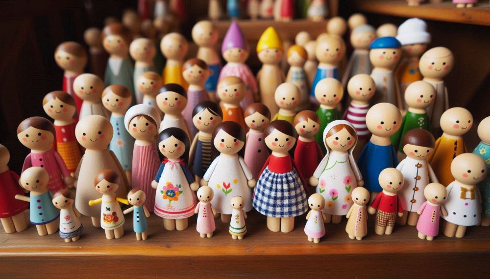 Wooden peg dolls are small, cylindrical figures typically made from high-quality wood. 